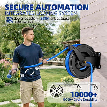 SPECILITE Hot/Cold Retractable Garden Hose Reel 50ft x 5/8'', -50℉ - 190 ℉, Wall Mount Water Pipe Spool, Heavy Duty, with 6ft Leader Hose, 8 Function Nozzle, for Backyard, Outdoor, Farm, Boat, Black