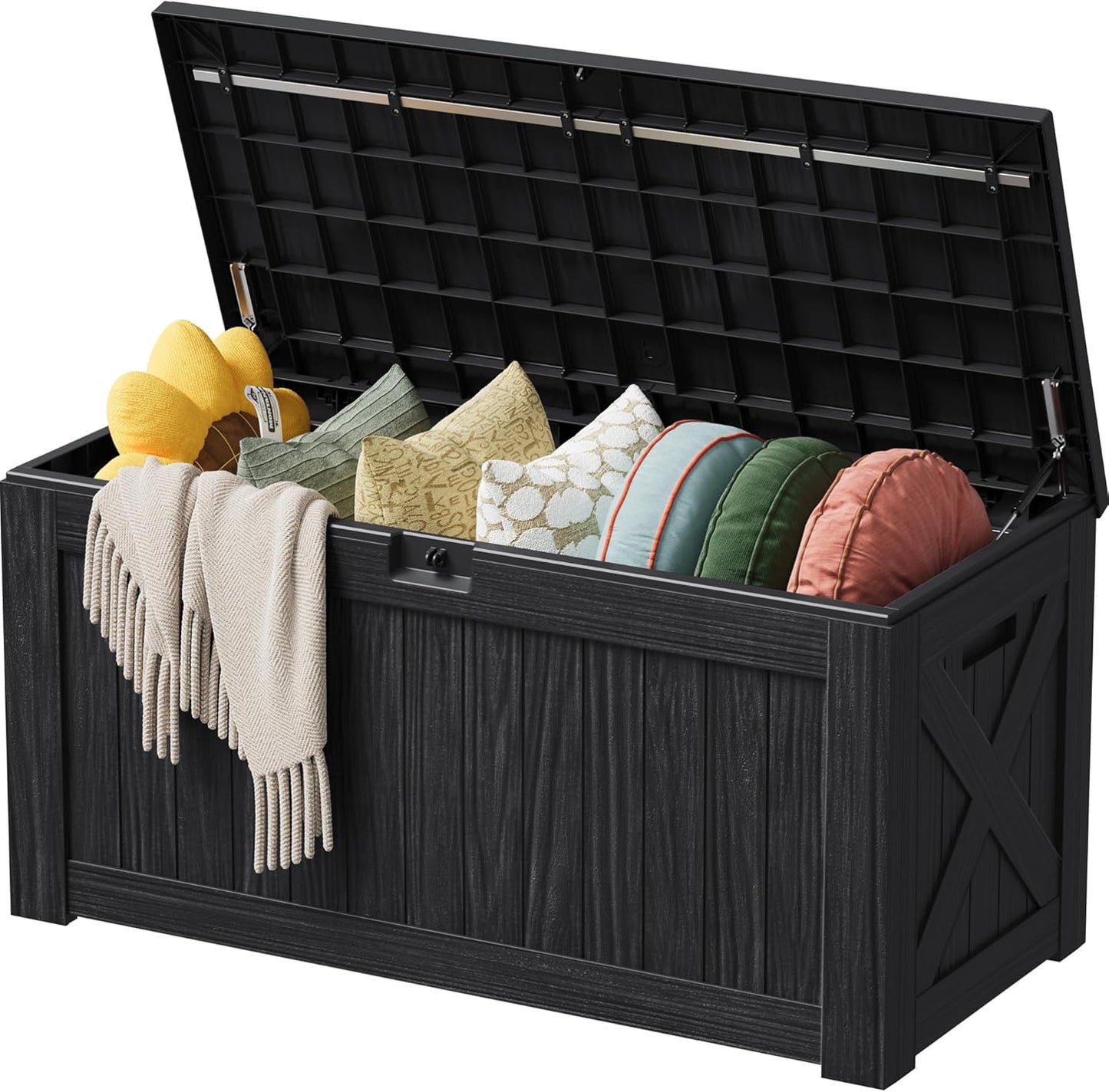 Devoko 100 Gallon Waterproof Large Resin Deck Box Indoor Outdoor Lockable Storage Container for Patio Furniture Cushions Garden Tools (100 Gallon, Black)