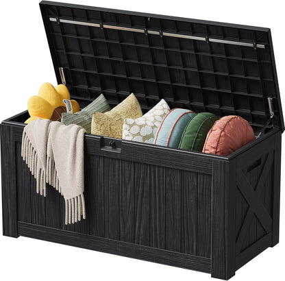 Devoko 100 Gallon Waterproof Large Resin Deck Box Indoor Outdoor Lockable Storage Container for Patio Furniture Cushions Garden Tools (100 Gallon, Black)