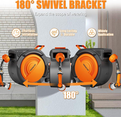 5/8" × 110 ft Retractable Hose Reel, Heavy Duty Retractable Garden Hose Reel Wall Mounted with 10-Pattern Hose Nozzle/Any Length Lock/Slow Return System/180°Swivel Bracket