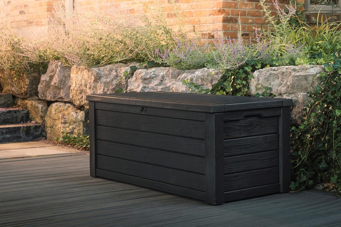 Keter 150 Gallon Resin Large Deck Box Organization and Storage Box for Patio, Outdoor Cushions, Garden Tools, Brown