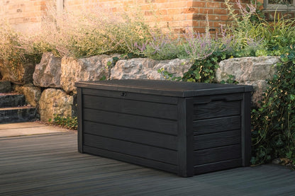 Keter 150 Gallon Resin Large Deck Box Organization and Storage Box for Patio, Outdoor Cushions, Garden Tools, Brown