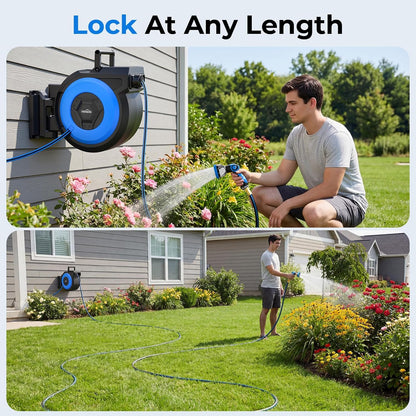 Retractable Garden Hose Reel, 5/8" x 90FT Automatic Retractable Water Hose Reel Wall Mount, with 10- Function Sprayer Nozzle, Any Length Lock/Auto Rewind/180°Swivel