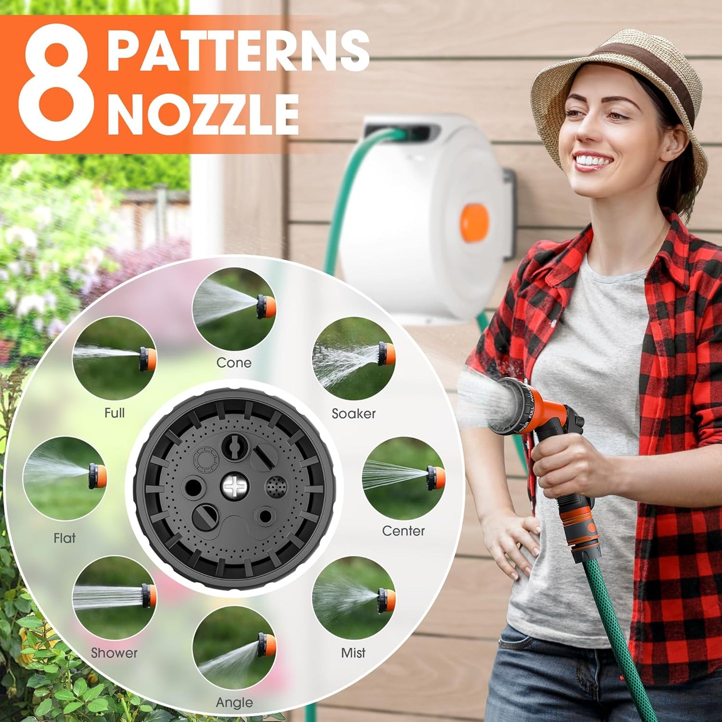 Fenbeli 50 FT Retractable Garden Hose Reel, Wall Mounted Auto Rewind, Any Length Lock, 10 Pattern Nozzle, 180° Swivel Bracket, Burst-Resistant Hose, Brass Fittings for Yard, Garden, Patio, Car Wash