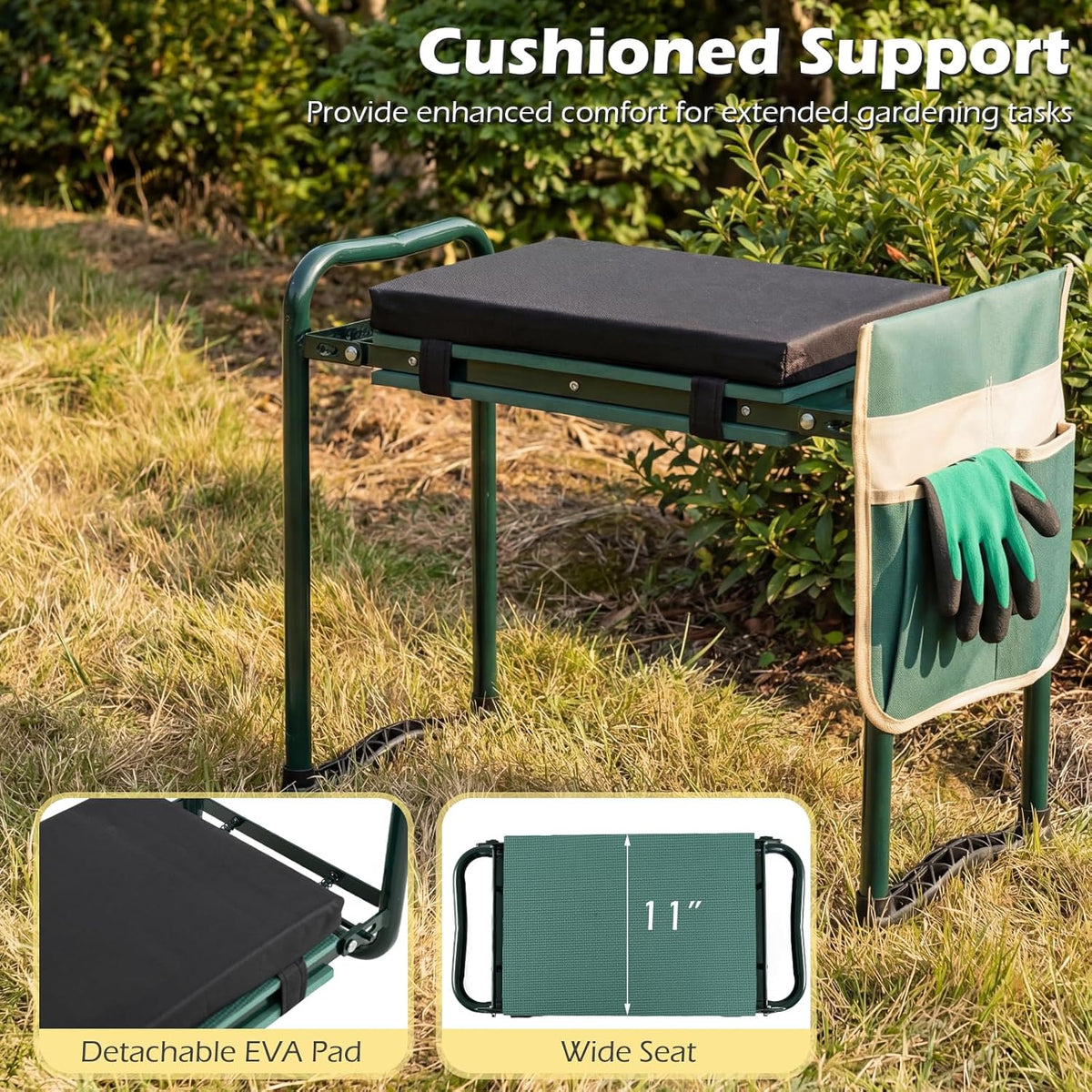 2-in-1 Garden Kneeler & Seat, Folding Seat w/EVA Foam Kneeling Pad & Removable Tools Pouch, Sturdy Steel Frame, No Assembly, Portable Heavy Duty Garden Stool for Women & Men