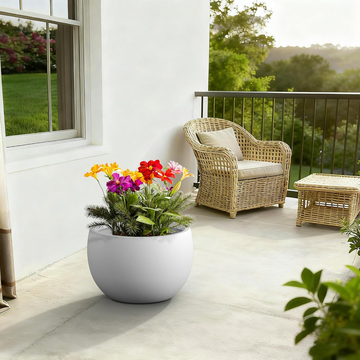 Large Round Bowl Vintage BRN Concrete Planter 19.9" Dia, Outdoor