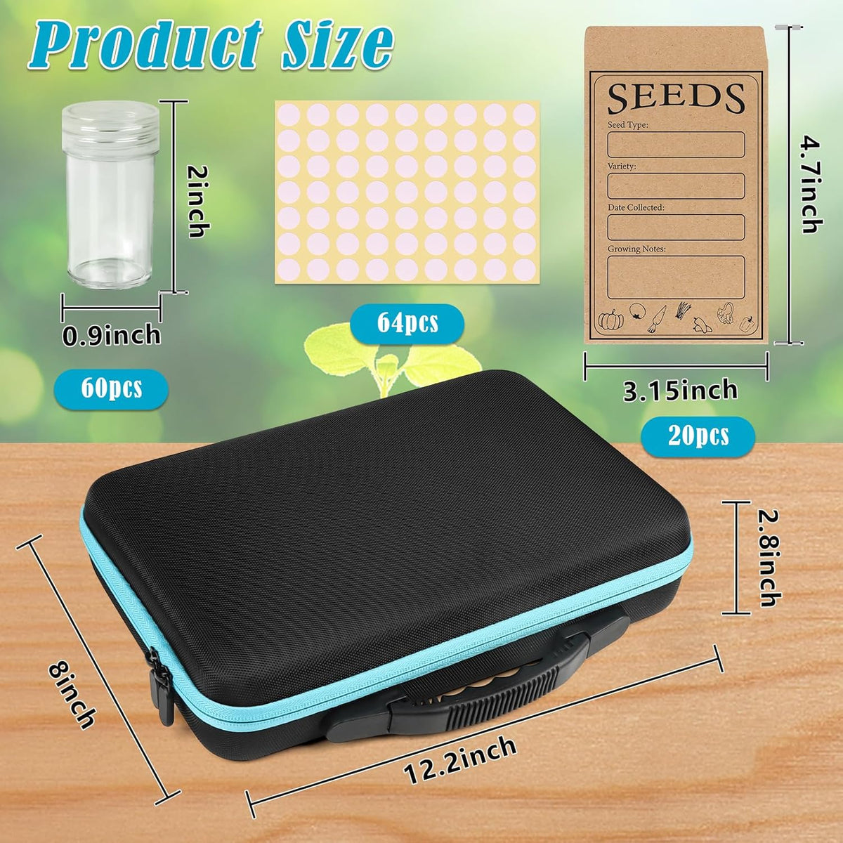 60 Slots Seed Storage Organizer with 20 Seed Envelopes, Sturdy Seed Organizer Storage Box with Zipper Bag Label Stickers(Seeds not Included), Seed Storage Container for Flower Plants Garden