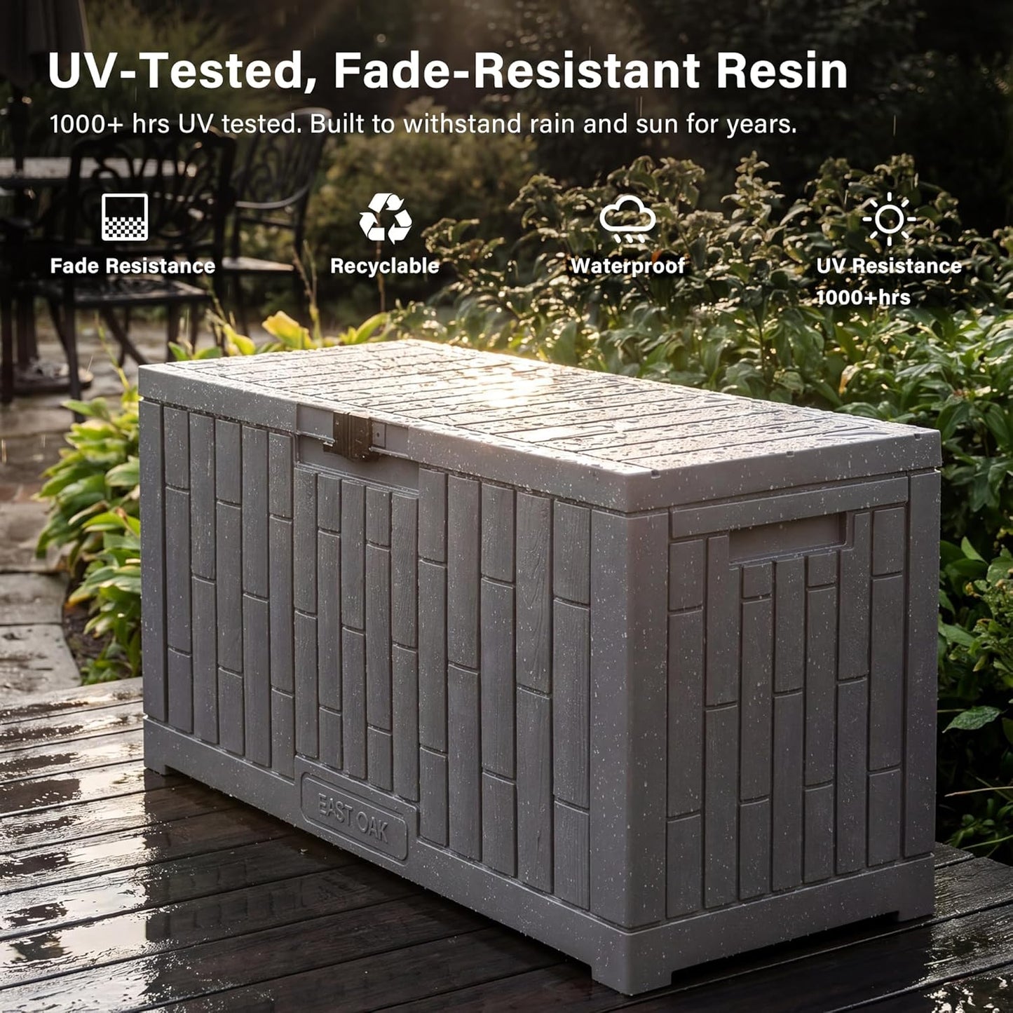 EAST OAK Outdoor Storage Box, 31 Gallon Deck Box Indoor and Outdoor Use, Waterproof Resin Storage Bin for Package Delivery, Patio Cushions, Gardening Tools, Lockable, UV Resistant, Grey