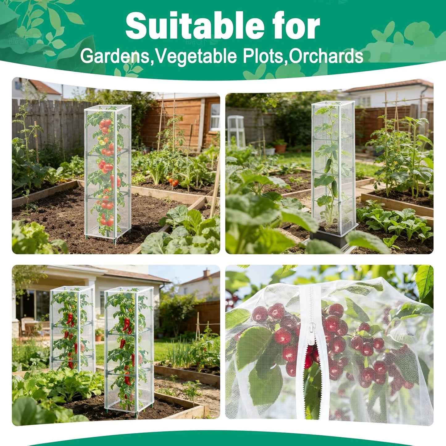 3 Pack Garden Bird Netting Plant Cover for Round Tomato Cage, 61"x13" Insect Bird Barrier Tomato Cage Net with Zipper & Drawstring, Tomato Trellis Netting Protection Cover for Protecting Plants