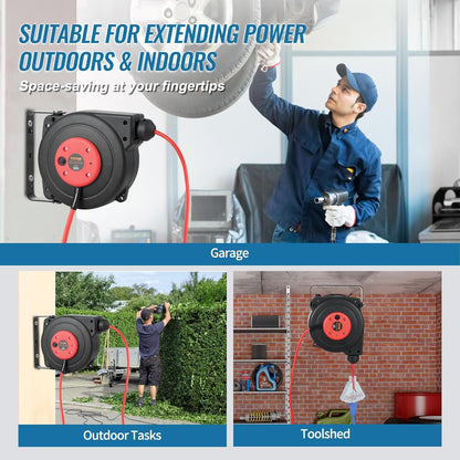 65FT Retractable Extension Cord Reel, Heavy Duty 12AWG/3C SJTOW Cord