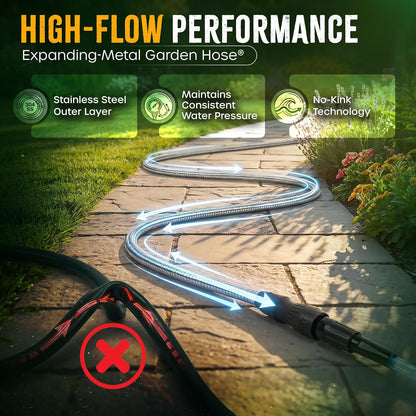 Bernini 40-Ft Metal Garden Hose with Storage Pot, Heavy-Duty, Flexible and Expandable Garden Hose, Kink-Free Stainless Steel, Includes Spray Nozzle & Brass Fittings