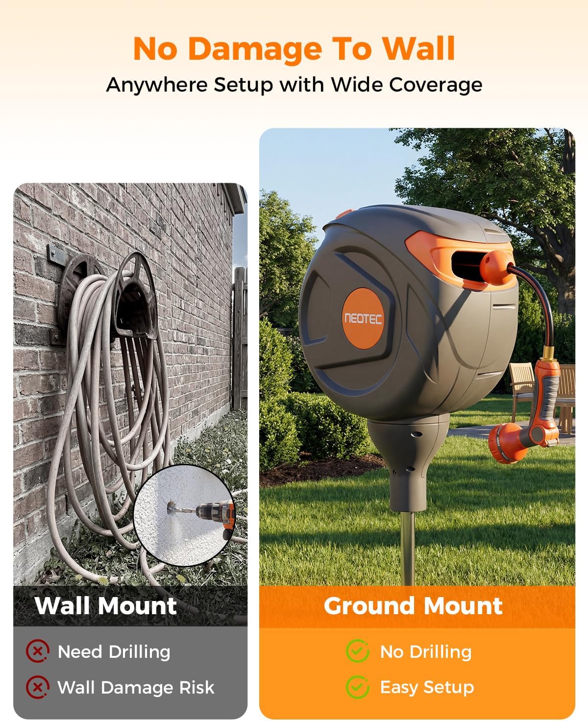 Retractable Garden Hose Reel 360° Swivel 82 ft 1/2 Inch Ground-Mounted Freestanding Water Hose Reel No-Drill Installation Any-Length Lock 20% Slow Return for Large Yard Lawn Car Washing