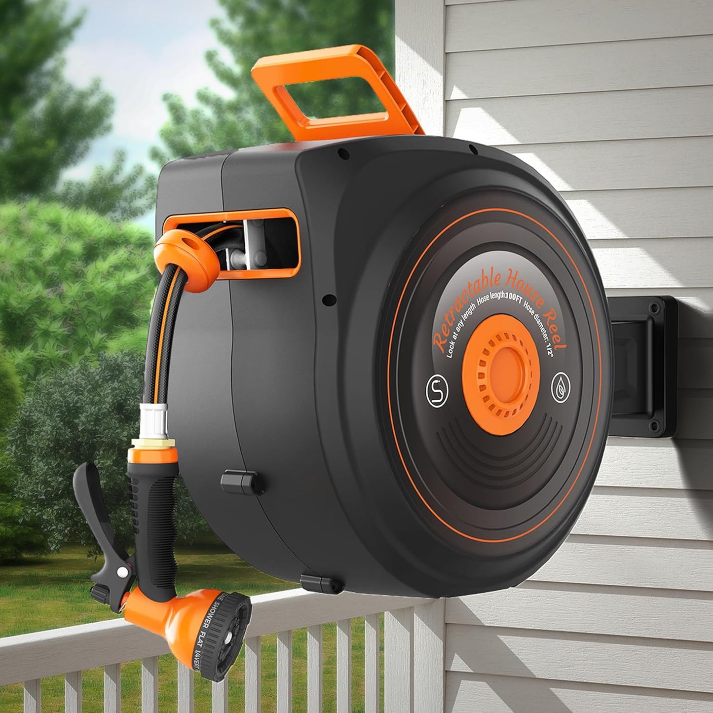 Retractable Garden Hose Reel 65 FT 1/2 IN for Outside, Upgraded 10 Spray Patterns, Heavy Duty Automatic Water Hose Reel with Any Length Lock, Wall Mount, Pro Guide System, 180° Swivel
