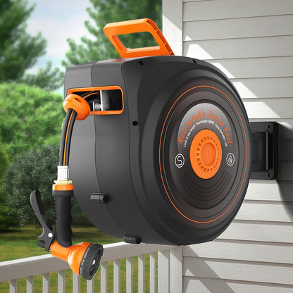 Retractable Garden Hose Reel 65 FT 1/2 IN for Outside, Upgraded 10 Spray Patterns, Heavy Duty Automatic Water Hose Reel with Any Length Lock, Wall Mount, Pro Guide System, 180° Swivel