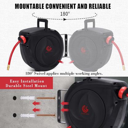 Air Hose Reel Retractable 3/8 in. x 50 ft Hybrid Polymer Hose, Retractable Auto-Rewind Enclosed Heavy Duty 180° Swivel Mount, Max 300PSI Commerical Polypropylene Grey