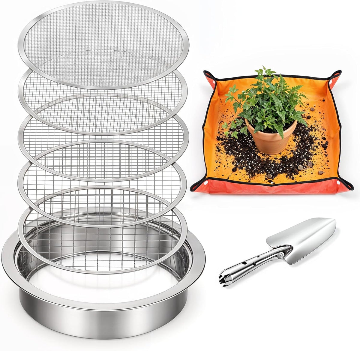 8 PCS Soil Sifter Set for Garden, Stainless Steel Soils Sieve Set, Compost Sifter with 5PCS Replaceable Mesh(1,3,6,9,12mm) Sieve and Bonsai Soil Scoop, 1 mat, 1 Frame, for Compost Bonsai Rocks Sand