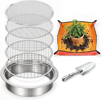 8 PCS Soil Sifter Set for Garden, Stainless Steel Soils Sieve Set, Compost Sifter with 5PCS Replaceable Mesh(1,3,6,9,12mm) Sieve and Bonsai Soil Scoop, 1 mat, 1 Frame, for Compost Bonsai Rocks Sand