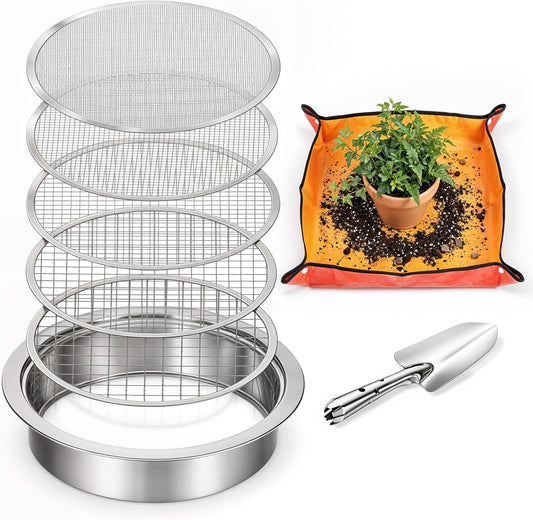8 PCS Soil Sifter Set for Garden, Stainless Steel Soils Sieve Set, Compost Sifter with 5PCS Replaceable Mesh(1,3,6,9,12mm) Sieve and Bonsai Soil Scoop, 1 mat, 1 Frame, for Compost Bonsai Rocks Sand