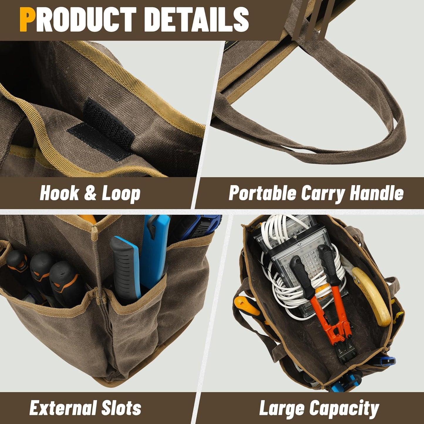 Tool Tote Bag, Heavy Duty 16oz Waxed Canvas Garden Tool Bag | Portable 11-Pocket Tool Storage Bag for Gardener Electrician Contractor Repairman (14"L x 5.5"W x 10.5"H) – Army Green