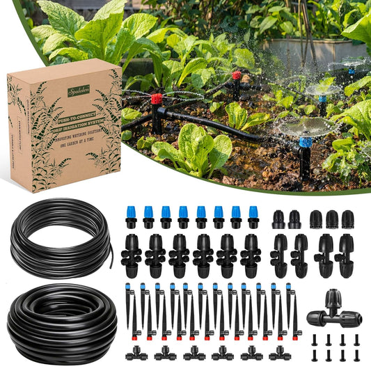 Push-to-Connect Drip Irrigation System Kit, 2-Zone Garden Watering System with 50FT 1/2" Mainline, Leak-Resistant Quick Connect Fittings, Adjustable Emitters for Raised Beds, Greenhouse