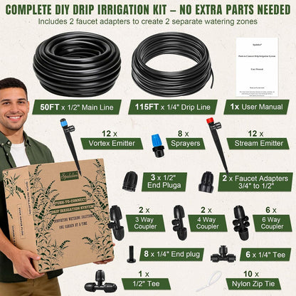 Push-to-Connect Drip Irrigation System Kit, 2-Zone Garden Watering System with 50FT 1/2" Mainline, Leak-Resistant Quick Connect Fittings, Adjustable Emitters for Raised Beds, Greenhouse