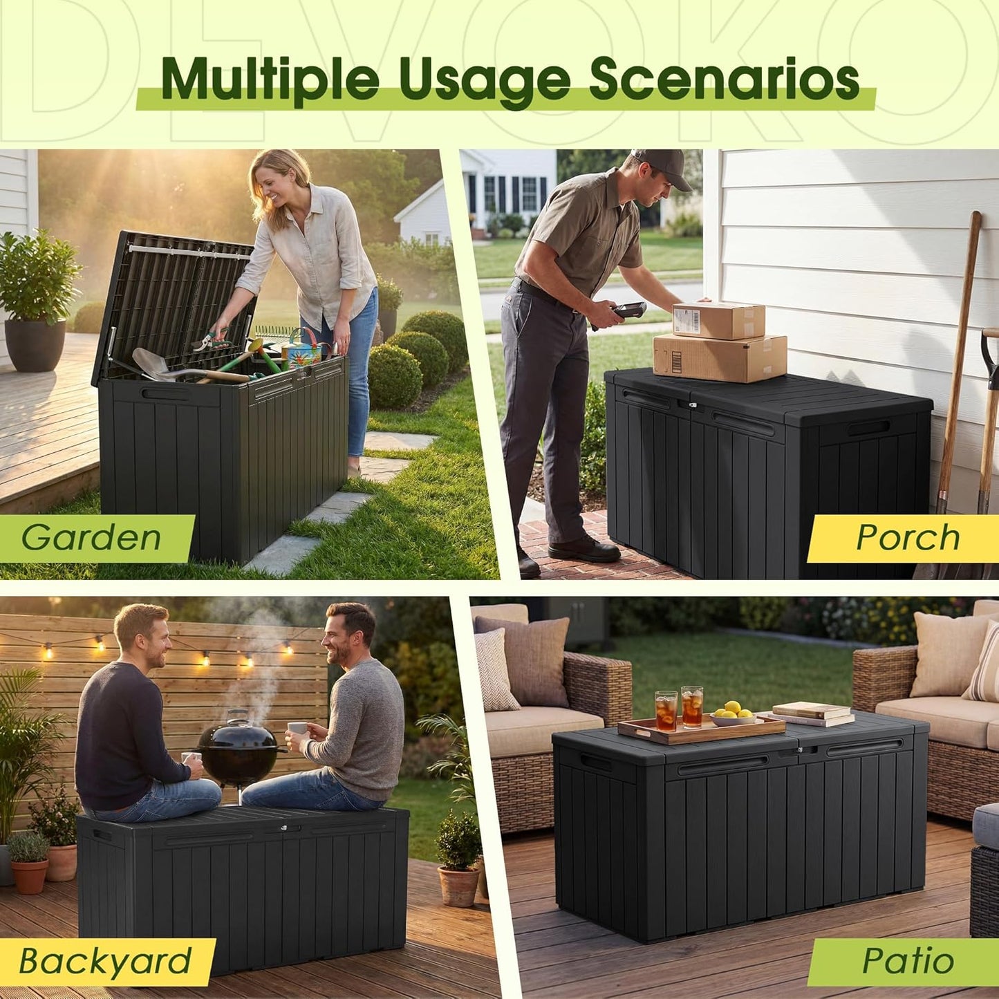 Devoko 100 Gallon Waterproof Large Resin Deck Box Indoor Outdoor Lockable Storage Container for Patio Furniture Cushions Garden Tools (100 Gallon, Black)