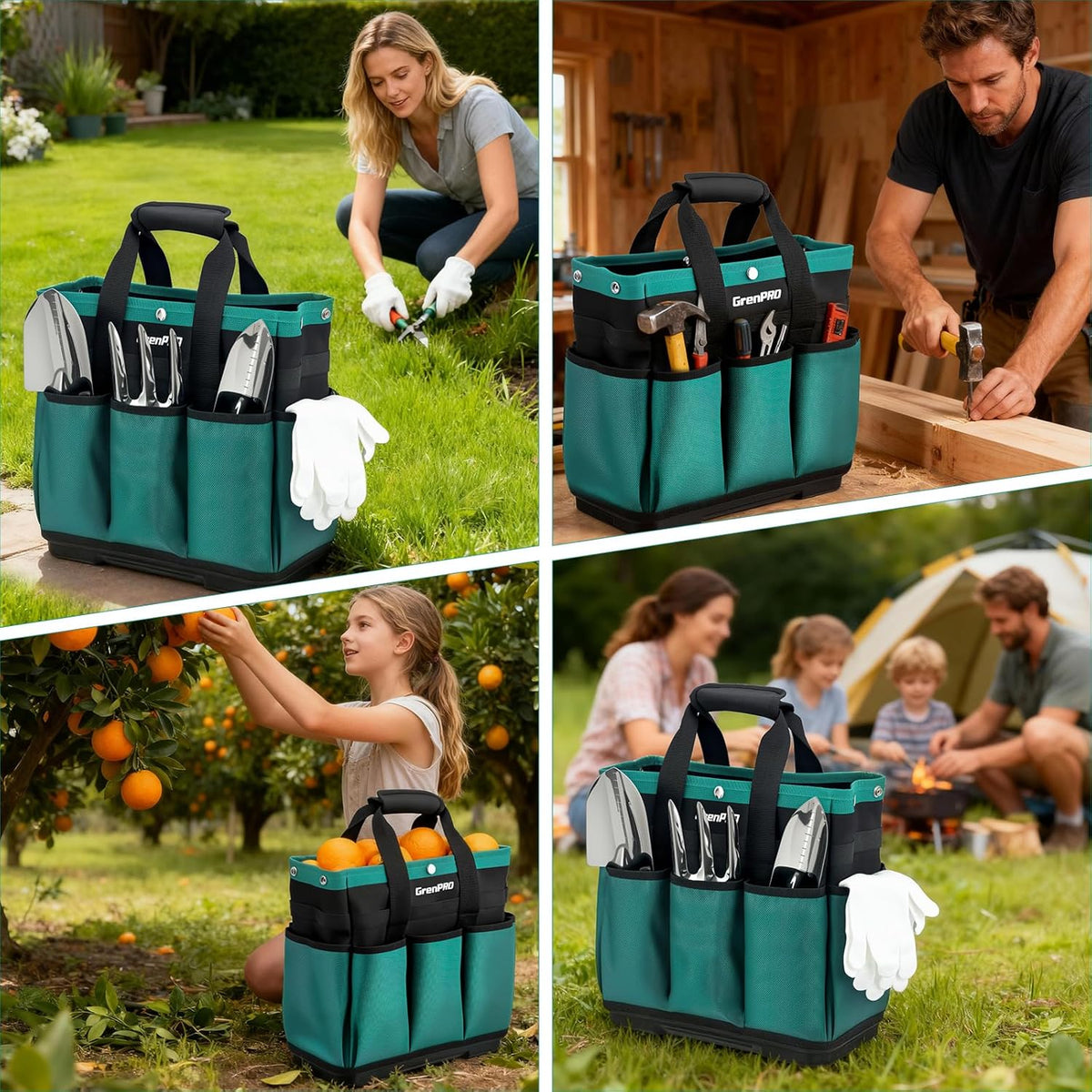GrenPRO Garden Tool Bag Molded Bottom, Heavy Duty Tool Tote Toolbox with 10 Pockets, Reinforced & Top Snap Closure for Gardening Tools Storage, Dark Green(Tools Not Included)