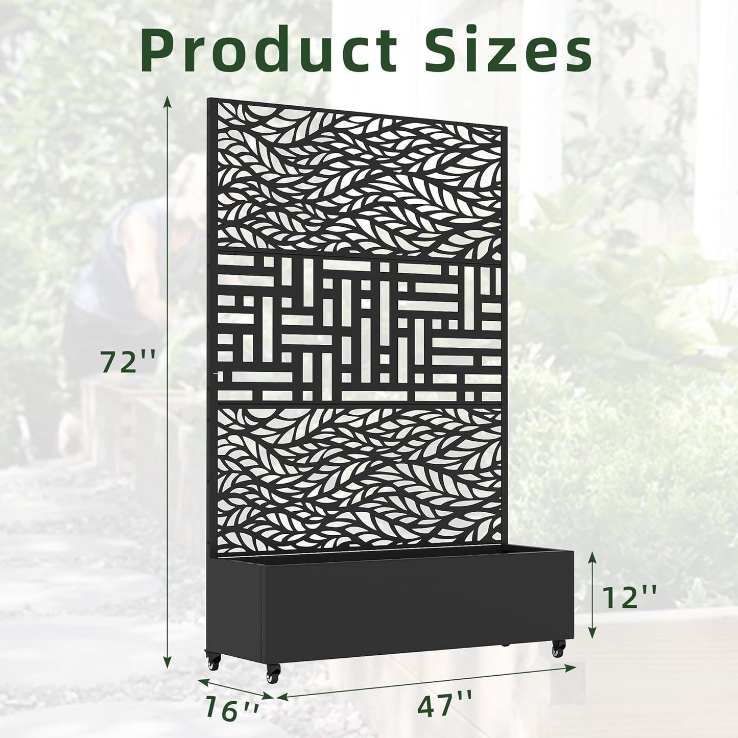Casaphoria Metal Raised Garden Bed with Trellis and Wheels, 72"x47"x16" Planter Box for Climbing Plants, Vegetables & Vines, Features Drainage Holes and Privacy Screen (Black-Louver) - Colors C