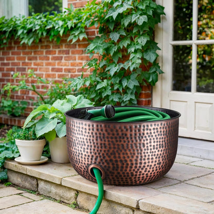 Monarch Abode Garden Hose Holder with Lid – Decorative Water Hose Holders for Outside, Hand Hammered Metal Matte Black Pot with Drainage, 100ft Waterhose Holder for Outside, Garden Storage Caddy