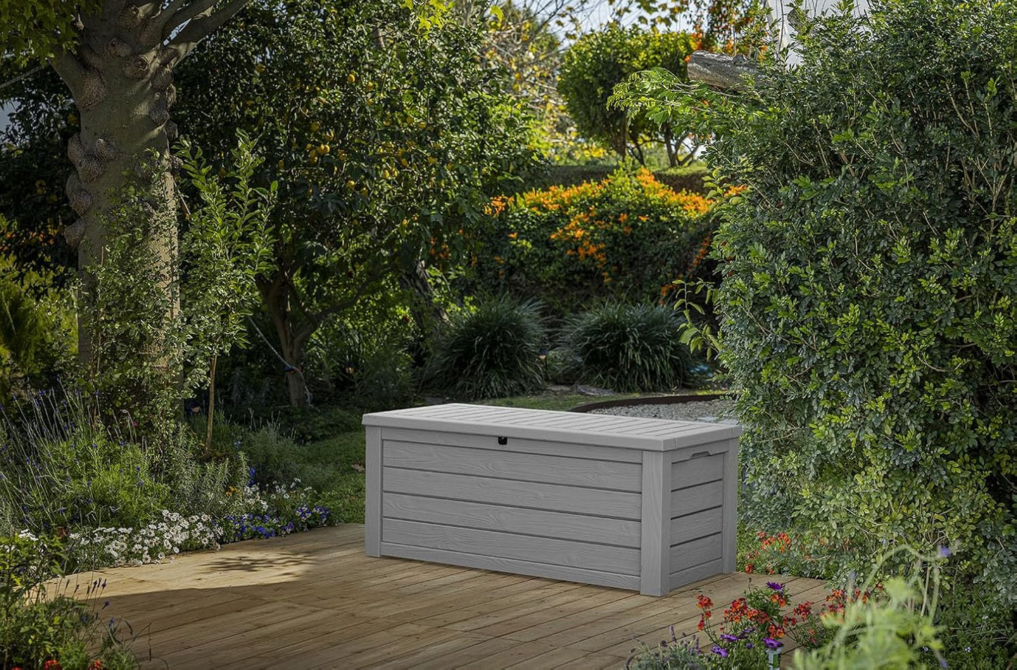 Keter 150 Gallon Resin Large Deck Box Organization and Storage Box for Patio, Outdoor Cushions, Garden Tools, Brown