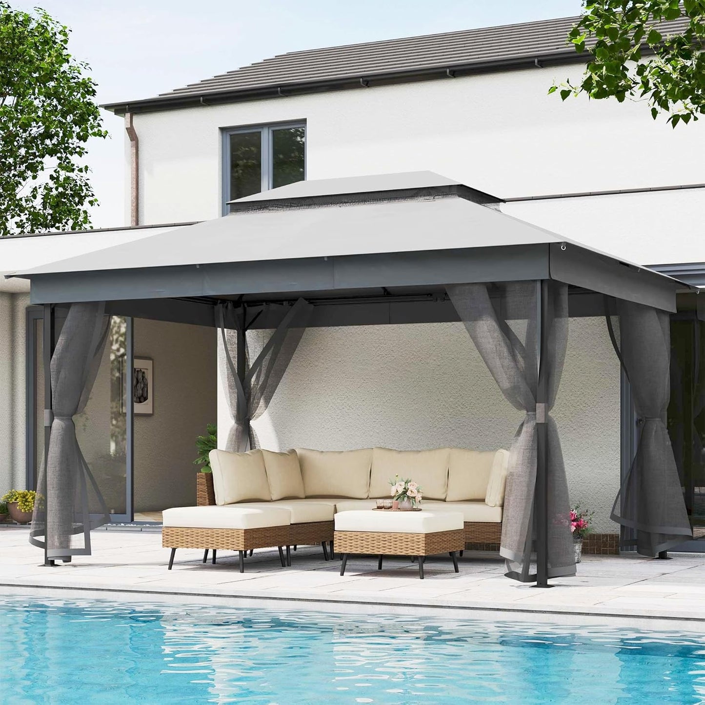 10x20 Gazebo Canopy with 100FT String Lights, Metal Heavy Duty Patio Canopy Tent with Double Roofs, Mosquito Nettings and Privacy Screens for Backyard, Garden, Lawn, Gray