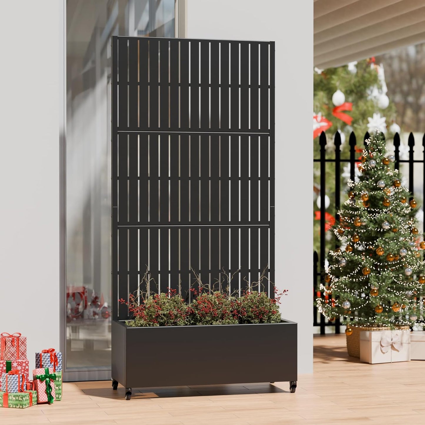 Casaphoria Metal Raised Garden Bed with Trellis and Wheels, 72"x47"x16" Planter Box for Climbing Plants, Vegetables & Vines, Features Drainage Holes and Privacy Screen (Black-Louver) - Colors D