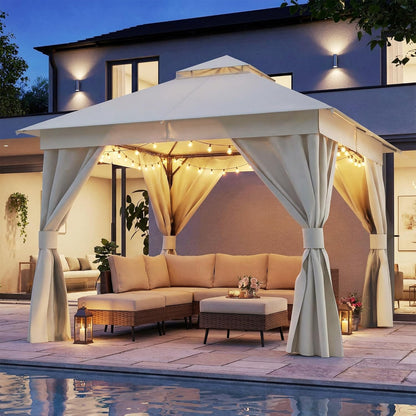 10x20 Gazebo Canopy with 100FT String Lights, Metal Heavy Duty Patio Canopy Tent with Double Roofs, Mosquito Nettings and Privacy Screens for Backyard, Garden, Lawn, Gray