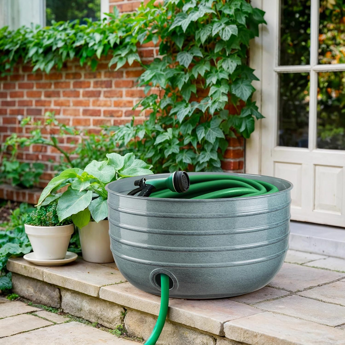 Monarch Abode Garden Hose Holder with Lid – Decorative Water Hose Holders for Outside, Border Embossed Metal Patina Pot with Drainage, 100ft Waterhose Holder for Outside, Garden Storage Caddy