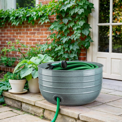 Monarch Abode Garden Hose Holder with Lid – Decorative Water Hose Holders for Outside, Border Embossed Metal Patina Pot with Drainage, 100ft Waterhose Holder for Outside, Garden Storage Caddy
