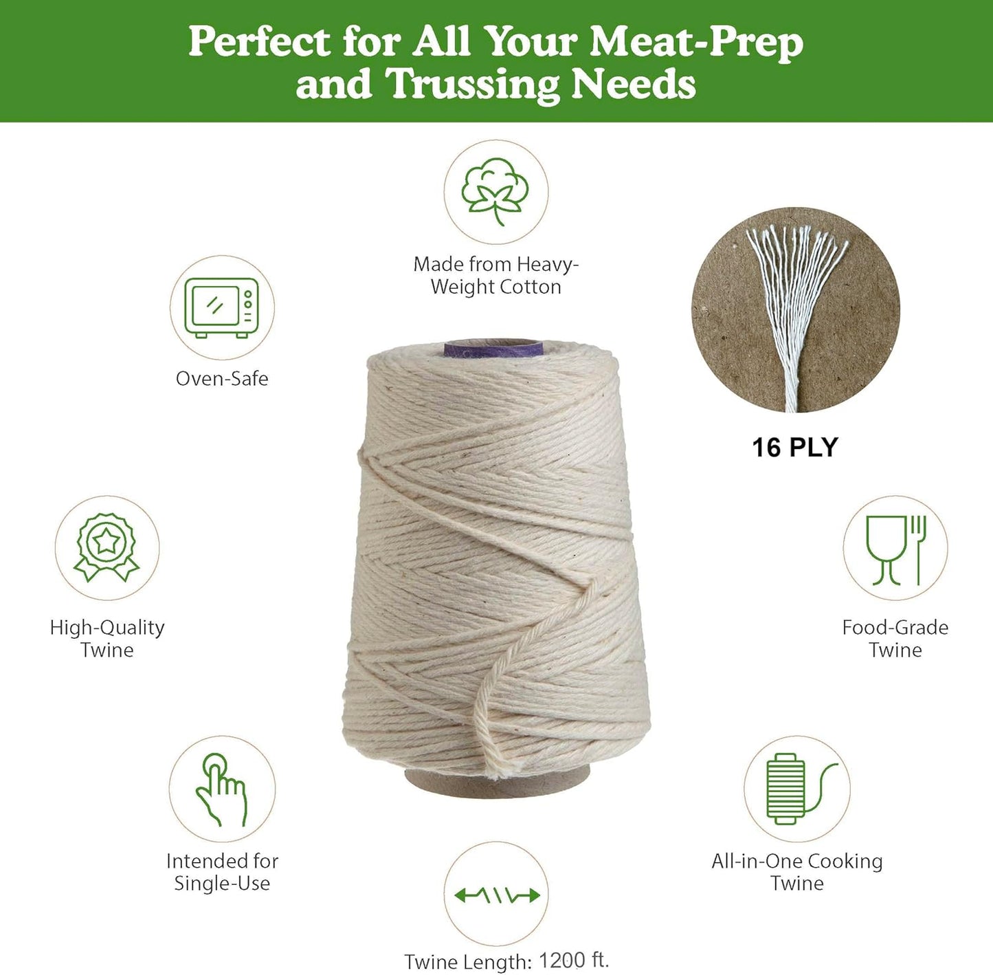 Regency Wraps Butchers Cooking Twine on Holder with Cutter, Heavy Duty, 500ft, 16 Ply, 2.4mm Food-Safe Cotton Kitchen String for Turkey Trussing, Meat Prep, Crafting