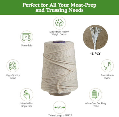 Regency Wraps Butchers Cooking Twine on Holder with Cutter, Heavy Duty, 500ft, 16 Ply, 2.4mm Food-Safe Cotton Kitchen String for Turkey Trussing, Meat Prep, Crafting