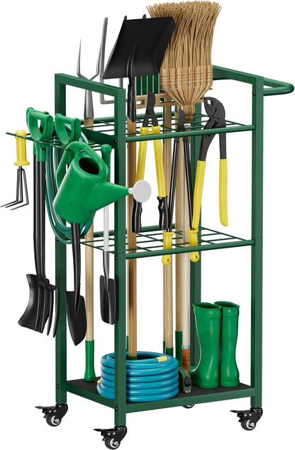 Garden Tool Organizer with Wheels, Heavy Duty 3 Tier Metal Yard Tool Storage Rack Holder with Side Hooks, Freestanding Garage Organizer for Shovels, Rakes, Brooms, Indoor Outdoor Use, Black