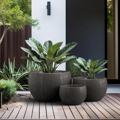 Large Round Bowl Vintage BRN Concrete Planter 19.9" Dia, Outdoor
