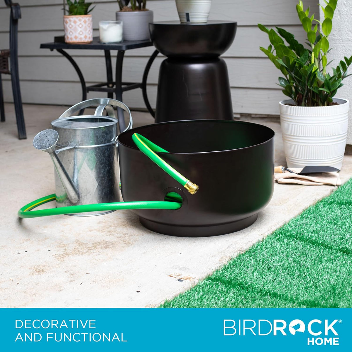 BIRDROCK HOME Decorative Footed Water Hose Holder Pot - Ground Garden Hose Box - Steel - Powdered Coated - Embossed - Steel Metal Hider - Outdoor or Indoor Use (Antique Bronze)