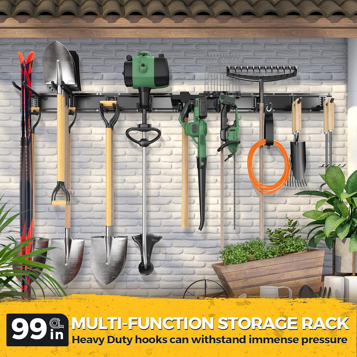LBT 66" Garage Tool Organizer Wall Mount - 720lbs Garden Tool Organizer with Adjustable Hooks, Heavy Duty Metal Garage Storage Rack, Anti-Rust Shed Rack Holder Hanging Rake Broom Mower Snowboard