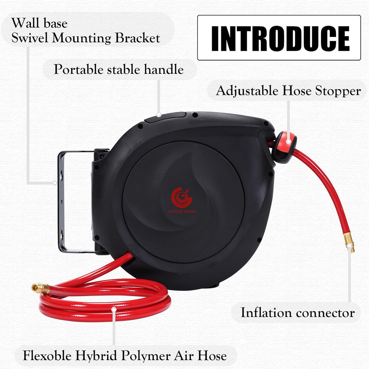 Air Hose Reel Retractable 3/8 in. x 50 ft Hybrid Polymer Hose, Retractable Auto-Rewind Enclosed Heavy Duty 180° Swivel Mount, Max 300PSI Commerical Polypropylene Grey