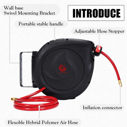 Air Hose Reel Retractable 3/8 in. x 50 ft Hybrid Polymer Hose, Retractable Auto-Rewind Enclosed Heavy Duty 180° Swivel Mount, Max 300PSI Commerical Polypropylene Grey