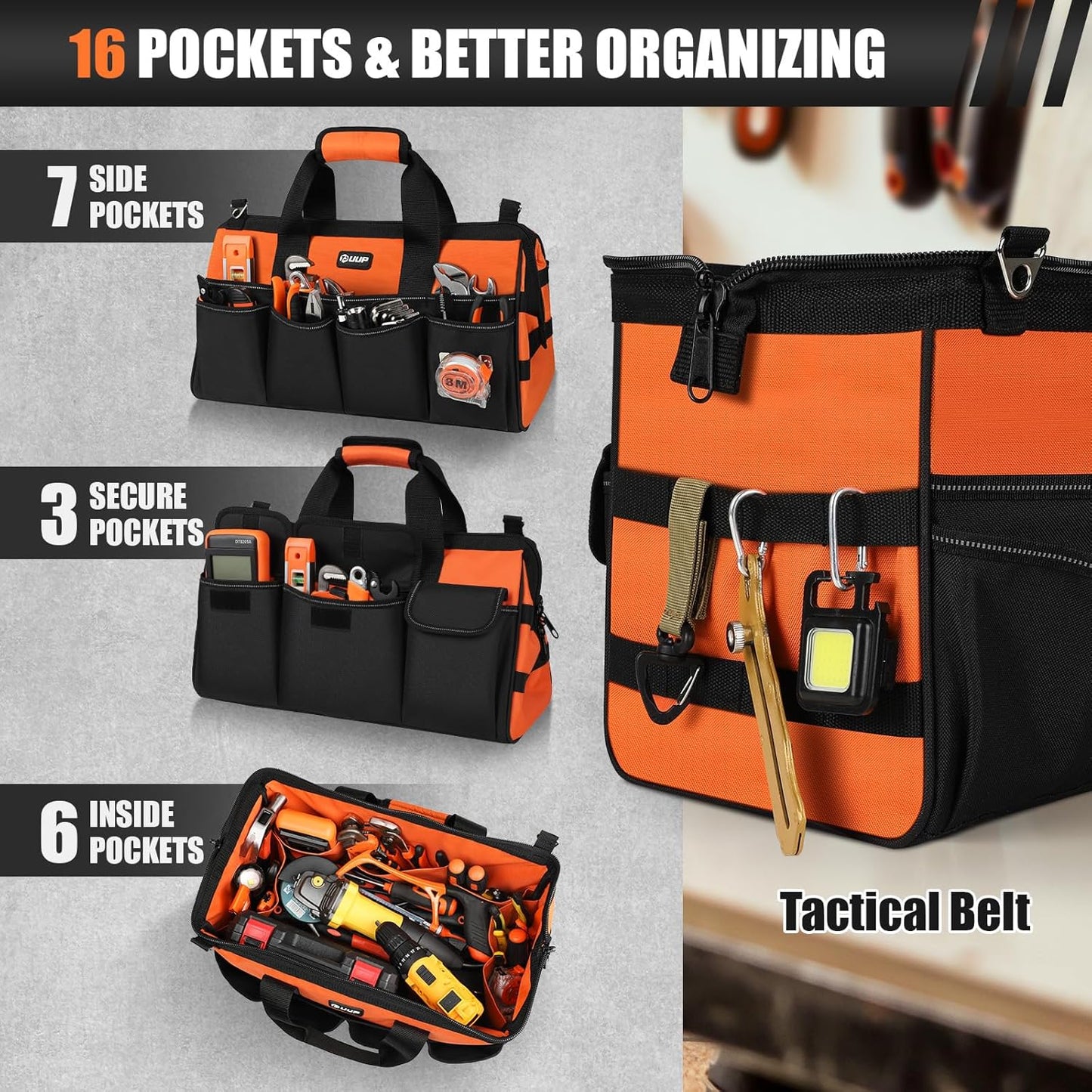 UUP Heavy Duty Tool Bag 15-Inch, 16-Pocket Portable Empty Tool Box Organizer, Big Storage Toolbox Organization, Soft Handle Large Zipper Carrying Toolbag, Father Day Gifts for Him Dad Men, Green