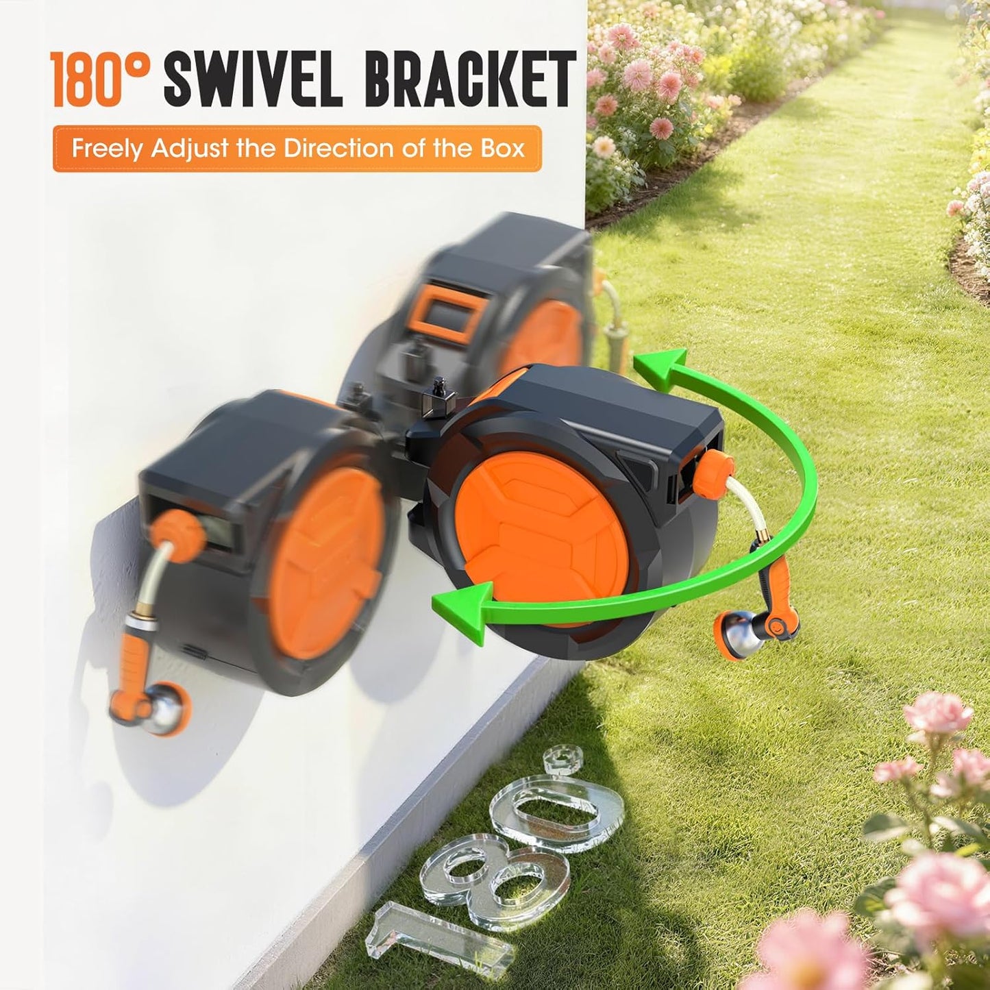 Retractable Garden Hose Reel 1/2" 100ft, 2-in-1 Wall Mount & Portable Auto Rewind Water Hose Reel with Any Length Lock & 180° Swivel, Heavy Duty Outdoor Hose Storage for Garden, Patio and Car Washing
