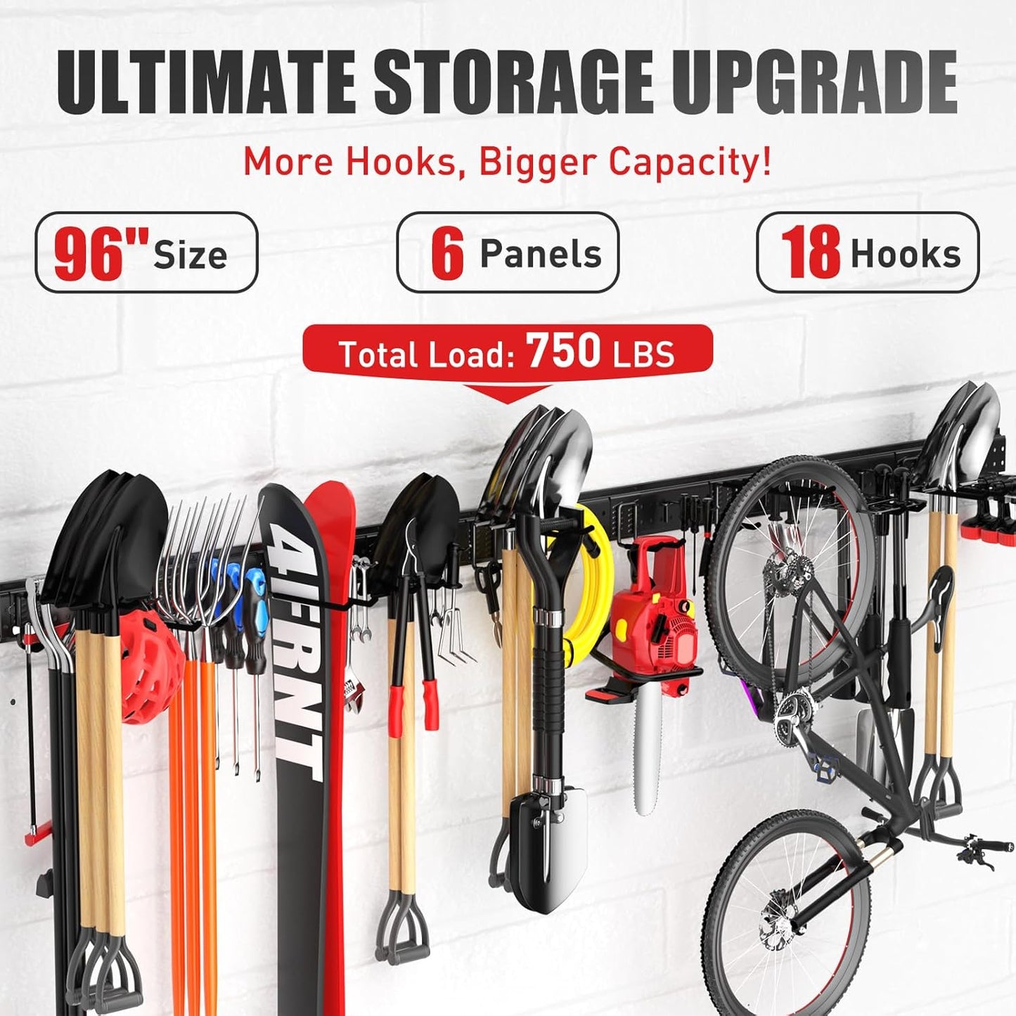 Garage Tool Organizer Wall Mount 48 inches with 10 Adjustable Heavy-Duty Hooks, Garage Organization, Garden Tool Storage Rack, Yard, and Shed, Holds Up to 400 lbs