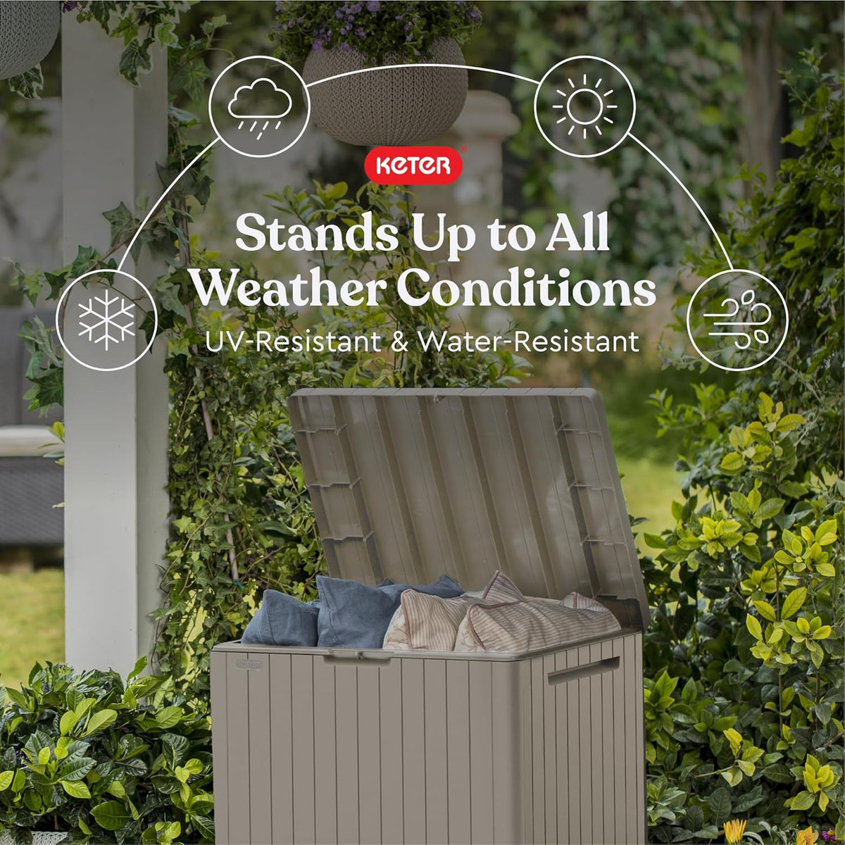 Keter City 30 Gallon Resin Outdoor Storage Box and Patio Furniture Side Table for Pool and Garden Accessories, Brown