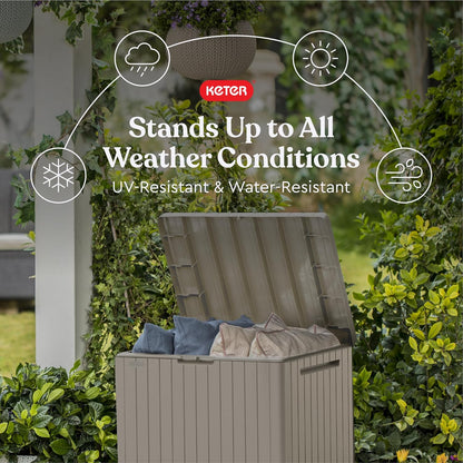 Keter City 30 Gallon Resin Outdoor Storage Box and Patio Furniture Side Table for Pool and Garden Accessories, Brown