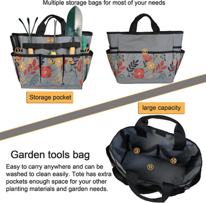 MDSTOP Garden Tool Bag, Garden Tool Kit Holder Home Organizer Storage Carrier, Oxford Garden Hand Tool Storage Tote Organizer with Handle and 8 Roomy Pockets, Floral Gardening Gift, Tools Not Included