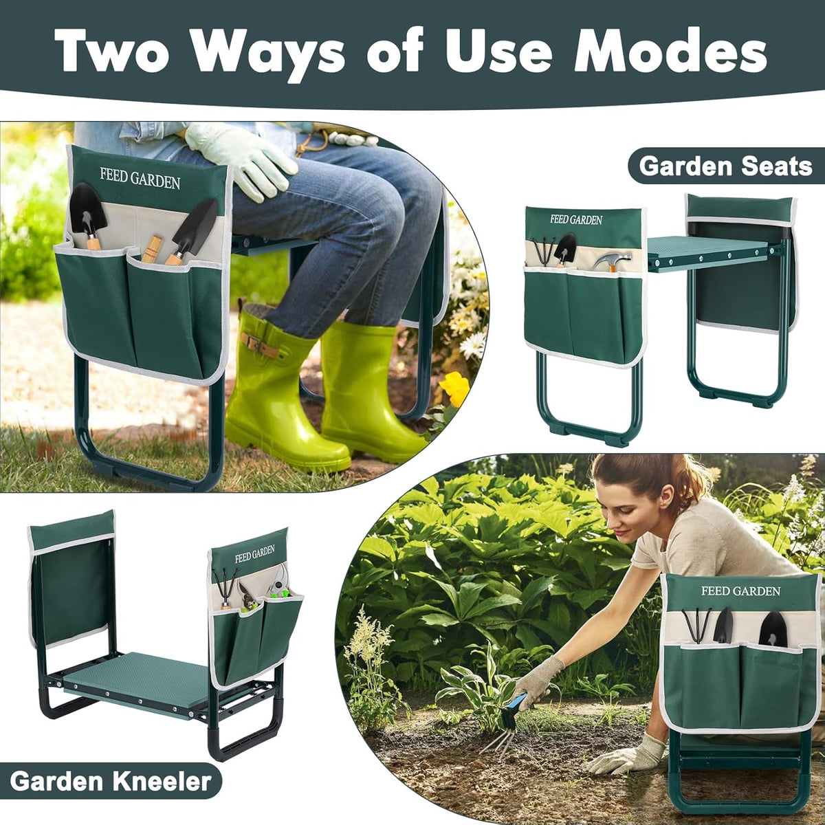 FEED GARDEN Garden Kneeler and Seat, Upgraded Foldable Gardening Stool with 10.23" Wide Kneeling Pad, Heavy Duty Gardening Bench Chair with 2 Tool Pouches, Gardening Gifts for Seniors Mom Women Men